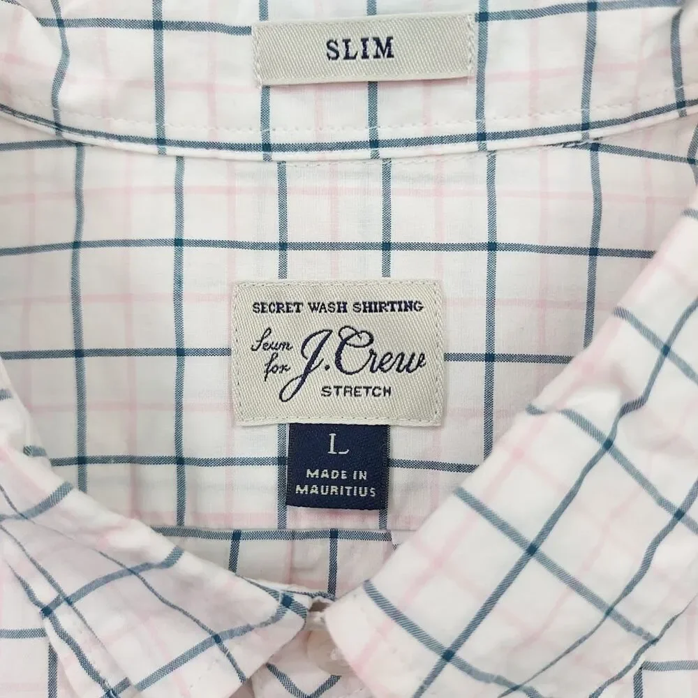 J Crew Mens Large White Shirt Slim Fit Stretch Checked Long Sleeve Workwear